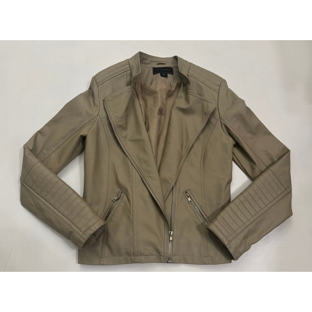 Metaphor‎ Womens Taupe Faux Leather Moto Jacket Quilted Ribbed Detail Size Large